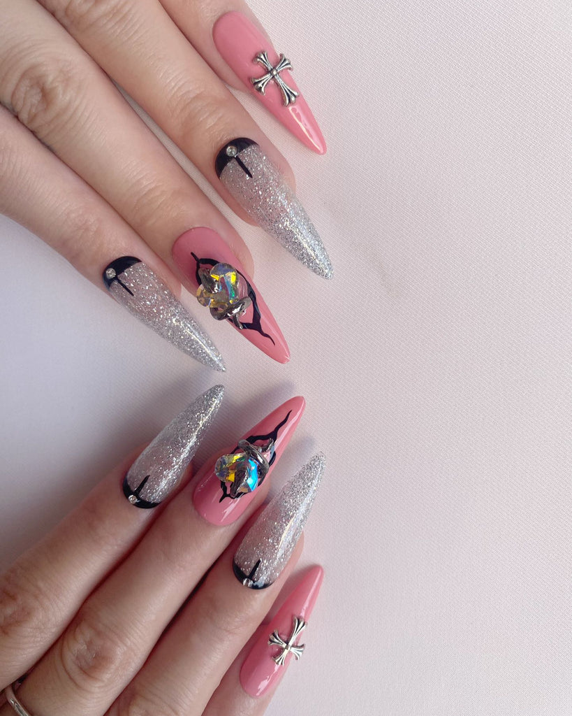Hand-Painted Gothic Relic Stiletto Nails with Sticky Tabs & Kit C002