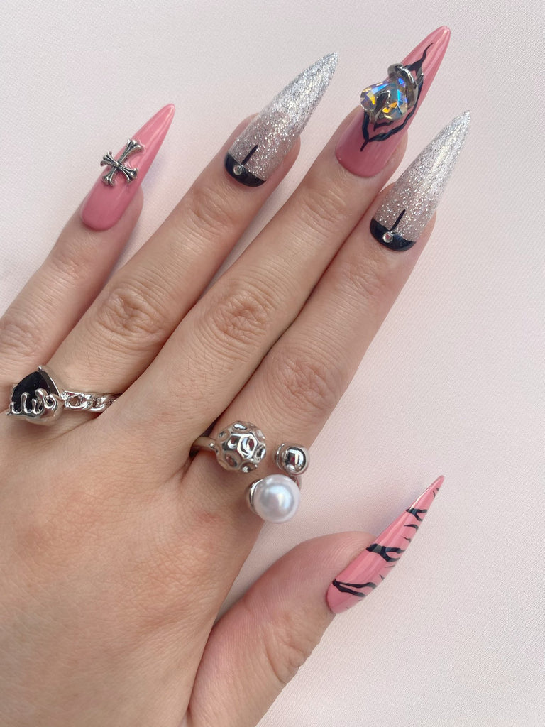 Hand-Painted Gothic Relic Stiletto Nails with Sticky Tabs & Kit C002