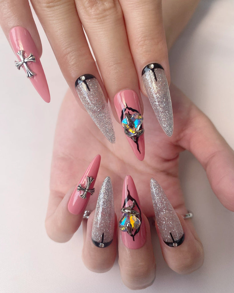 Hand-Painted Gothic Relic Stiletto Nails with Sticky Tabs & Kit C002