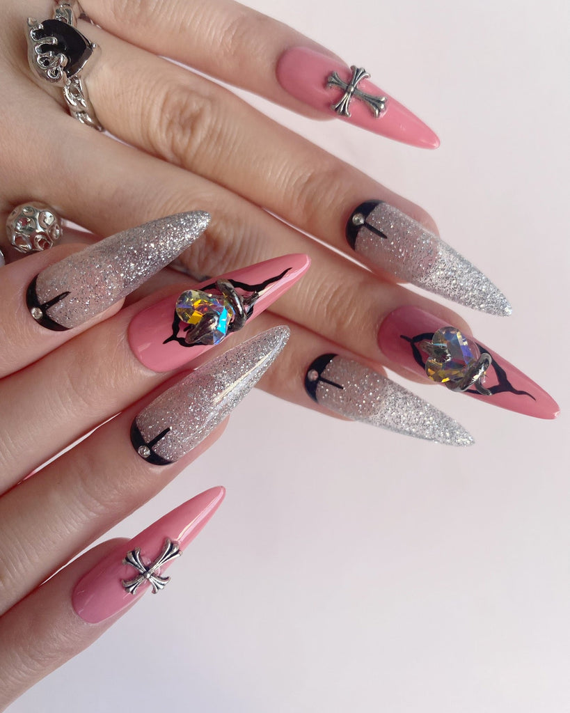 Hand-Painted Gothic Relic Stiletto Nails with Sticky Tabs & Kit C002