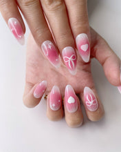 Load image into Gallery viewer, Hand-Painted Blush Bow Almond Shaped Nails with Sticky Tabs &amp; Kit A011