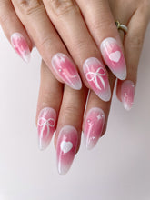 Load image into Gallery viewer, Hand-Painted Blush Bow Almond Shaped Nails with Sticky Tabs &amp; Kit A011