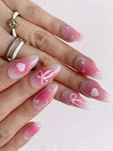 Load image into Gallery viewer, Hand-Painted Blush Bow Almond Shaped Nails with Sticky Tabs &amp; Kit A011
