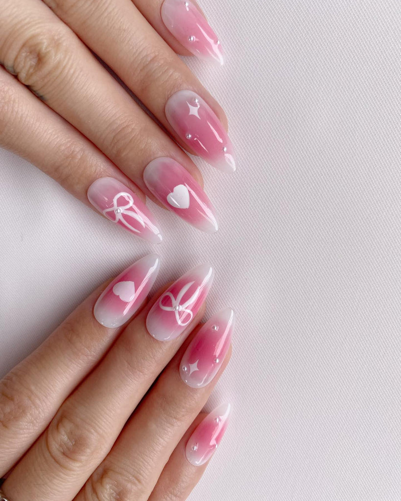 Hand-Painted Blush Bow Almond Shaped Nails with Sticky Tabs & Kit A011