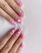 Load image into Gallery viewer, Hand-Painted Blush Bow Almond Shaped Nails with Sticky Tabs &amp; Kit A011