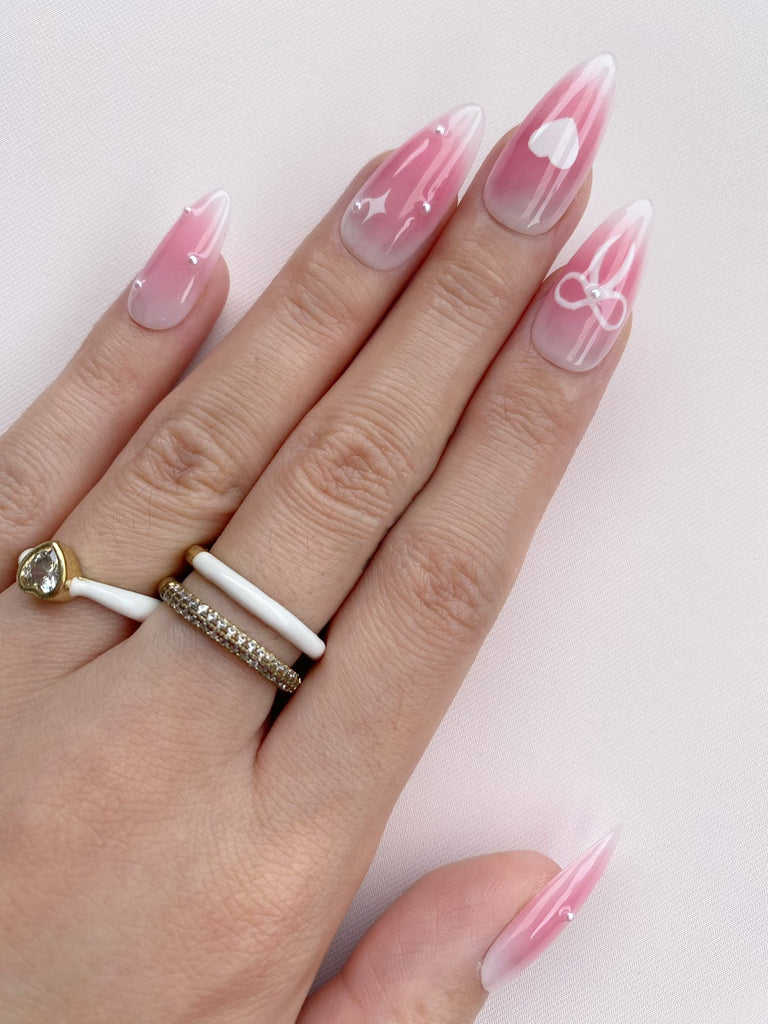 Hand-Painted Blush Bow Almond Shaped Nails with Sticky Tabs & Kit A011
