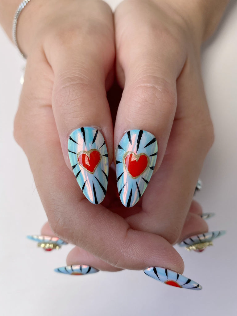 Hand-Painted Graffiti Heartsy Almond Shaped Nails with Sticky Tabs & Kit Y115