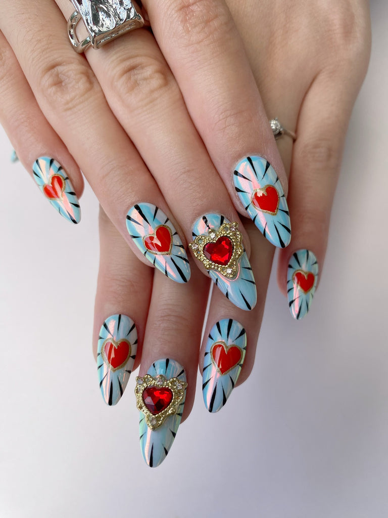 Hand-Painted Graffiti Heartsy Almond Shaped Nails with Sticky Tabs & Kit Y115