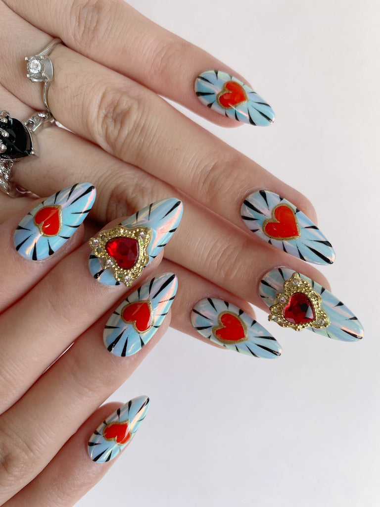 Hand-Painted Graffiti Heartsy Almond Shaped Nails with Sticky Tabs & Kit Y115