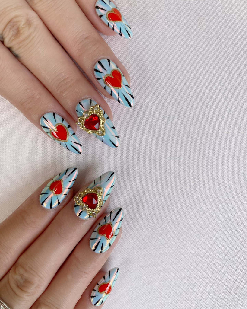 Hand-Painted Graffiti Heartsy Almond Shaped Nails with Sticky Tabs & Kit Y115