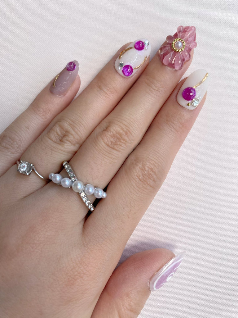 Hand-Painted Grape Soda 3D Carved Short Oval Nails with Sticky Tabs & Kit F044