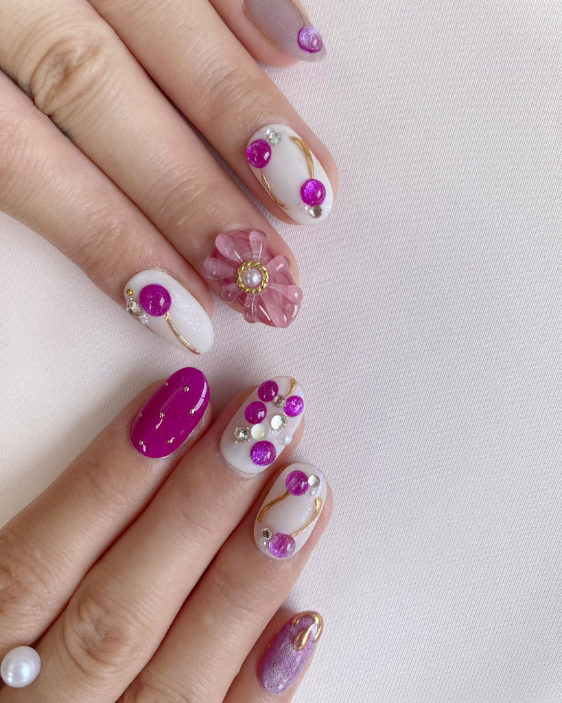 Hand-Painted Grape Soda 3D Carved Short Oval Nails with Sticky Tabs & Kit F044