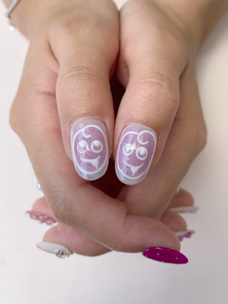 Hand-Painted Grape Soda 3D Carved Short Oval Nails with Sticky Tabs & Kit F044