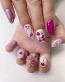 Hand-Painted Grape Soda 3D Carved Short Oval Nails with Sticky Tabs & Kit F044