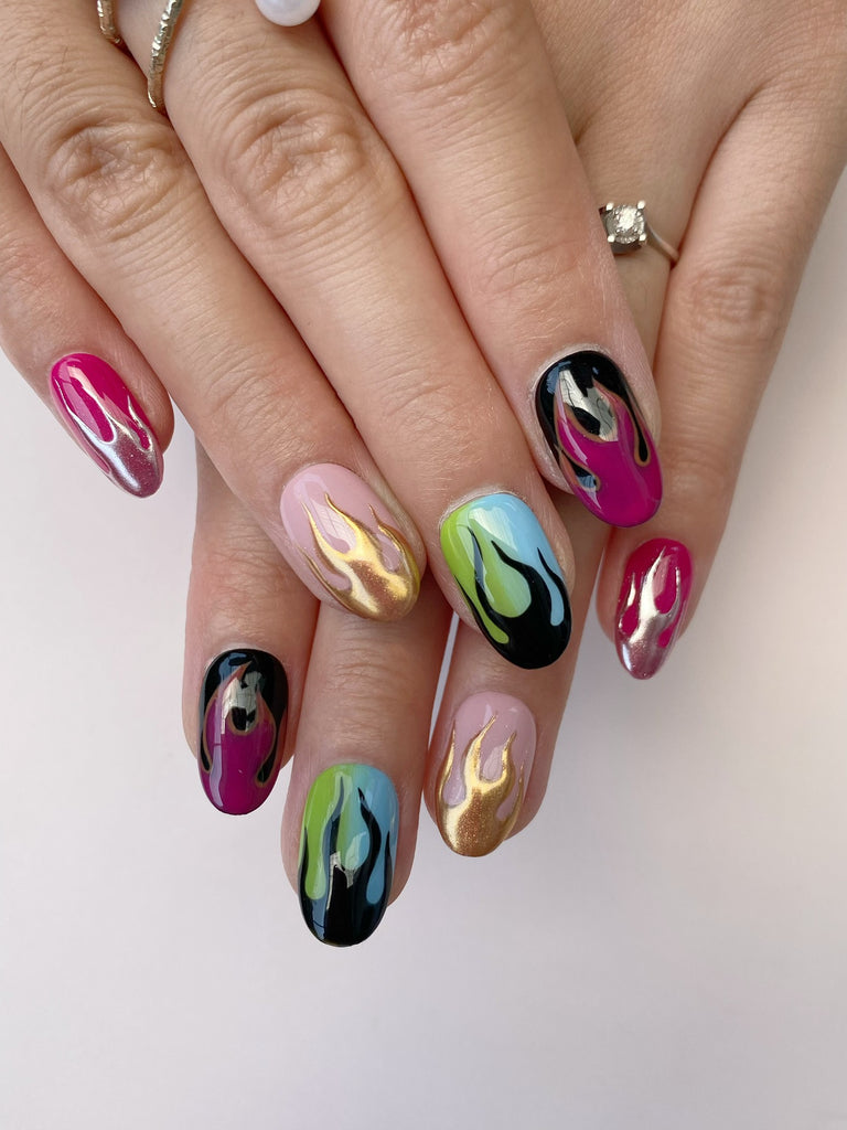 Hand-Painted Inferno Flick Short Oval Nails with Sticky Tabs & Kit F043