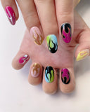 Hand-Painted Inferno Flick Short Oval Nails with Sticky Tabs & Kit F043