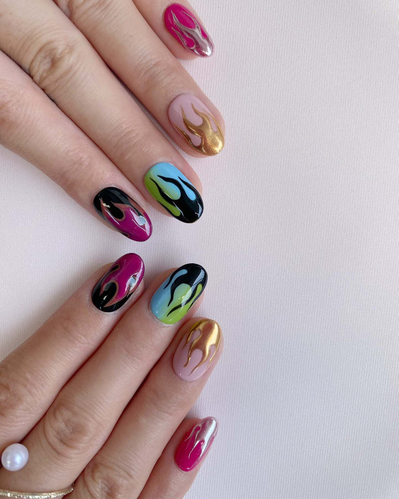 Hand-Painted Inferno Flick Short Oval Nails with Sticky Tabs & Kit F043