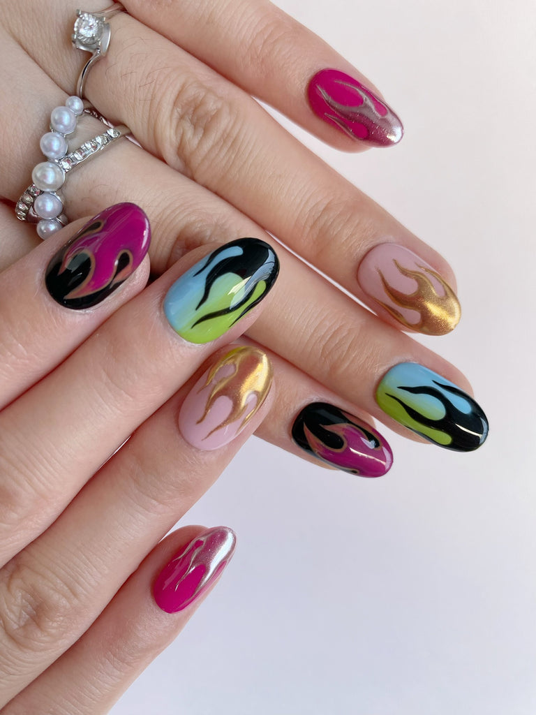 Hand-Painted Inferno Flick Short Oval Nails with Sticky Tabs & Kit F043