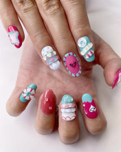 Load image into Gallery viewer, Hand-Painted Lollipop Twist 3D Carved Short Oval Nails with Sticky Tabs &amp; Kit F023