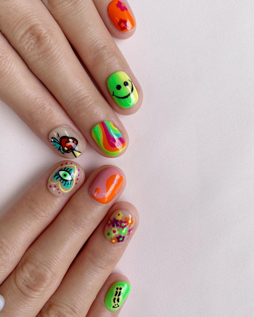 Hand-Painted Zombie Candy Short Square Nails with Sticky Tabs & Kit F018