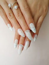 Load image into Gallery viewer, Hand-Painted White Wedding Almond Shaped Nails with Sticky Tabs &amp; Kit Y039