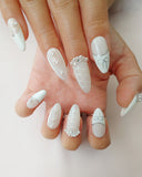 Hand-Painted White Wedding Almond Shaped Nails with Sticky Tabs & Kit Y039