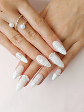 Load image into Gallery viewer, Hand-Painted White Wedding Almond Shaped Nails with Sticky Tabs &amp; Kit Y039