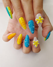 Load image into Gallery viewer, Hand-Painted Colorful 3D Carved Almond Shaped Nails with Sticky Tabs &amp; Kit E022