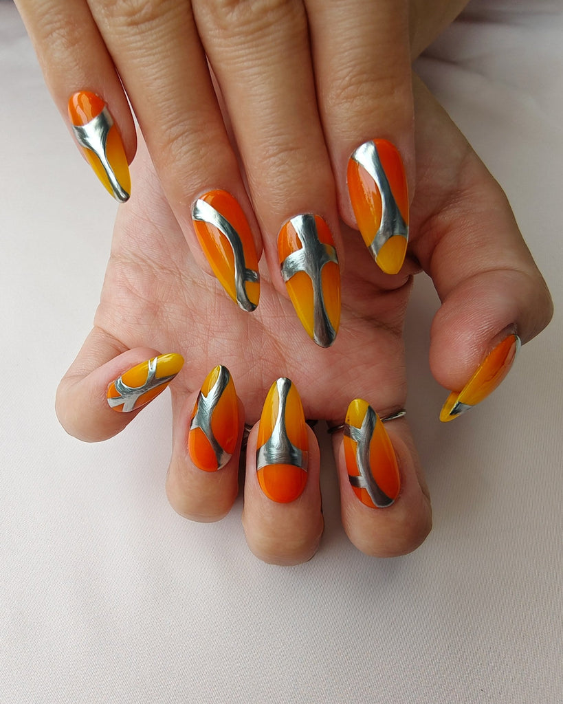 Hand-Painted Frozen Flame Almond Shaped Nails with Sticky Tabs & Kit Y030