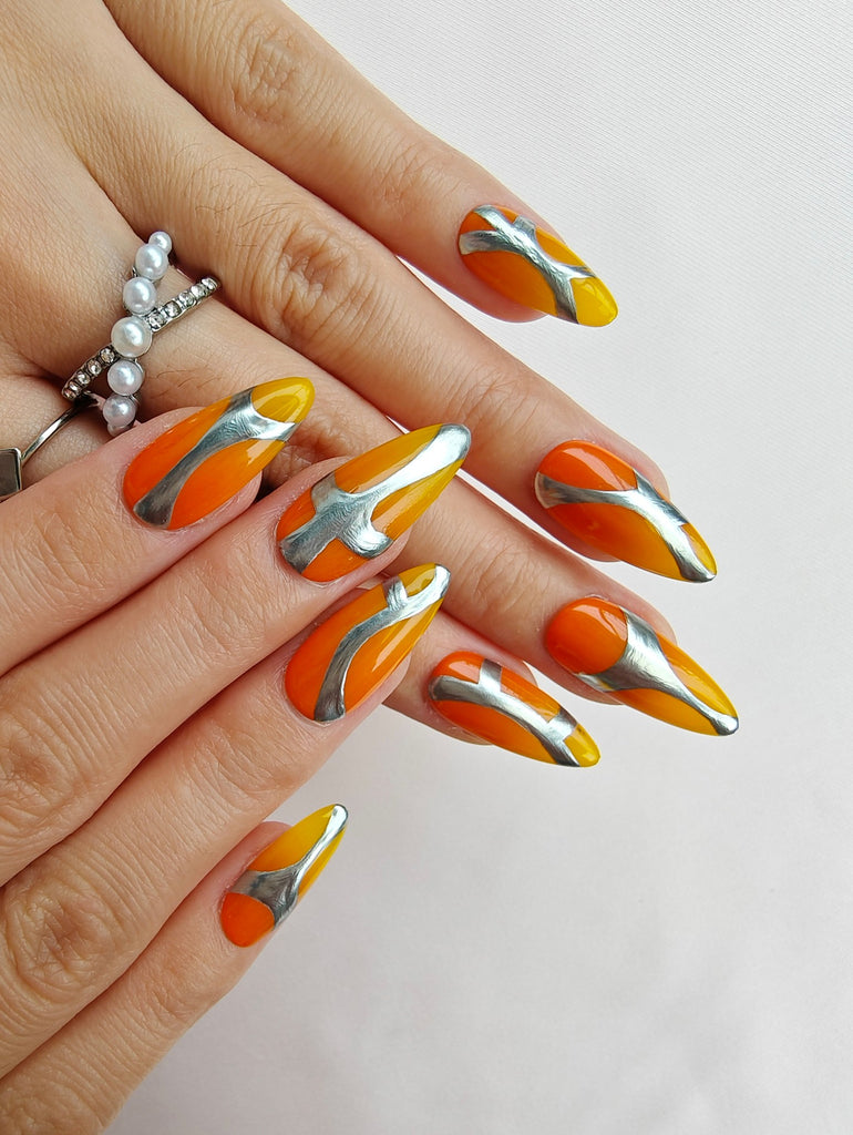 Hand-Painted Frozen Flame Almond Shaped Nails with Sticky Tabs & Kit Y030