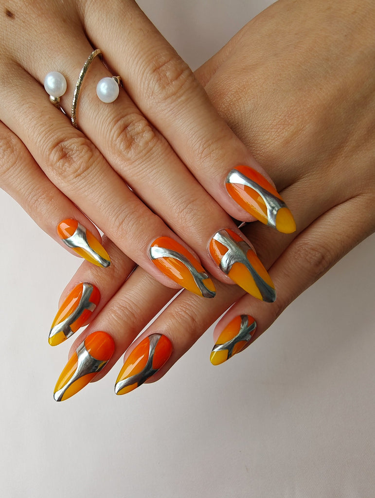 Hand-Painted Frozen Flame Almond Shaped Nails with Sticky Tabs & Kit Y030