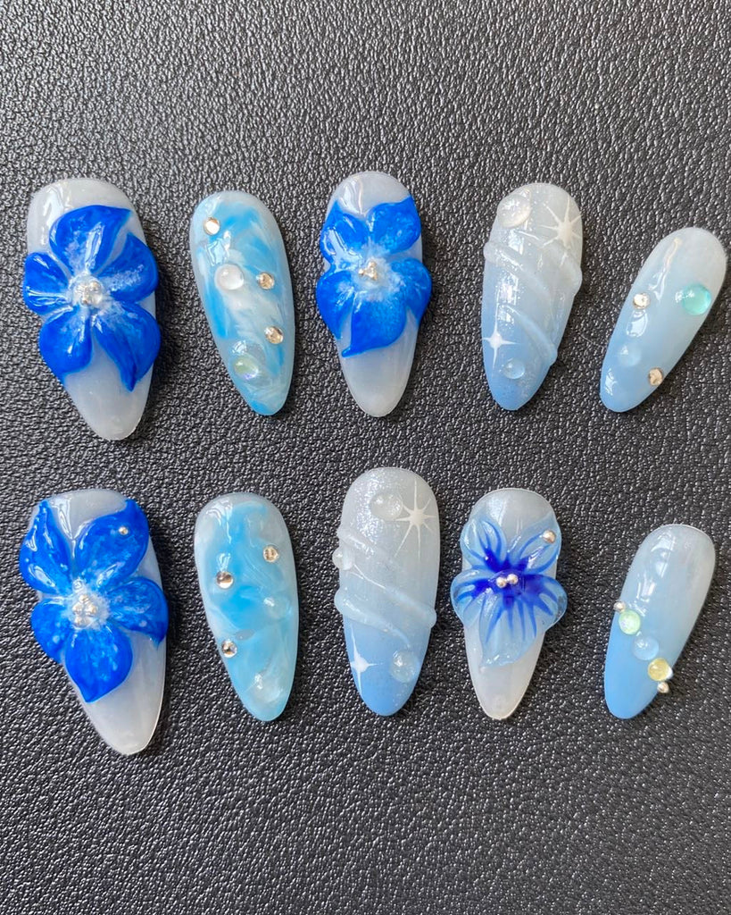 Hand-Painted Blue Bay 3D Carved Almond Shaped Nails with Sticky Tabs & Kit E009