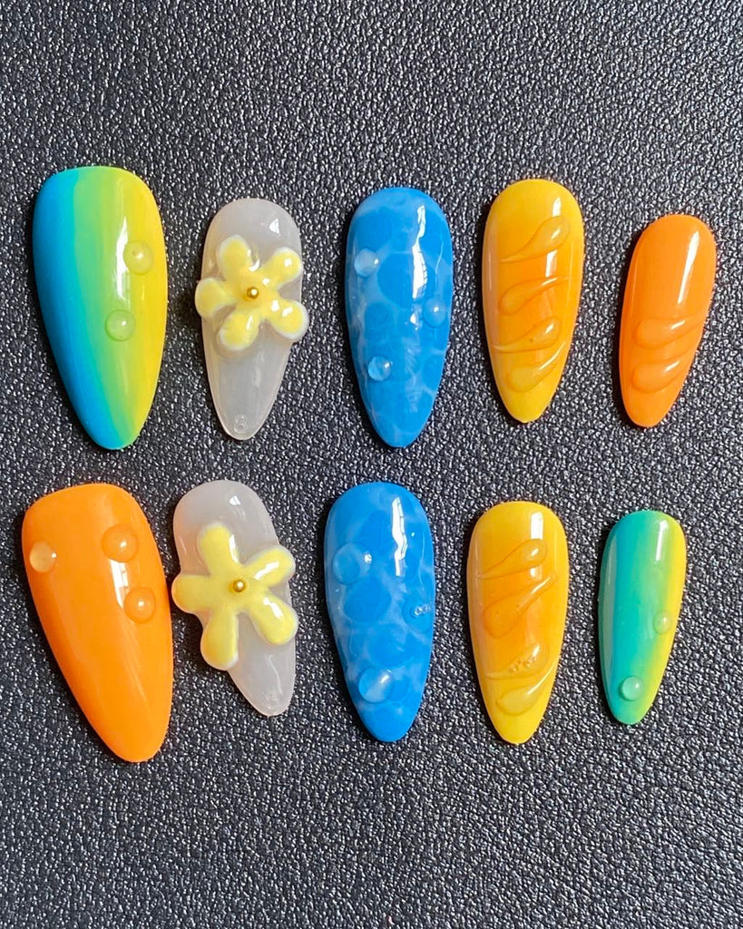 Hand-Painted Colorful 3D Carved Almond Shaped Nails with Sticky Tabs & Kit E022